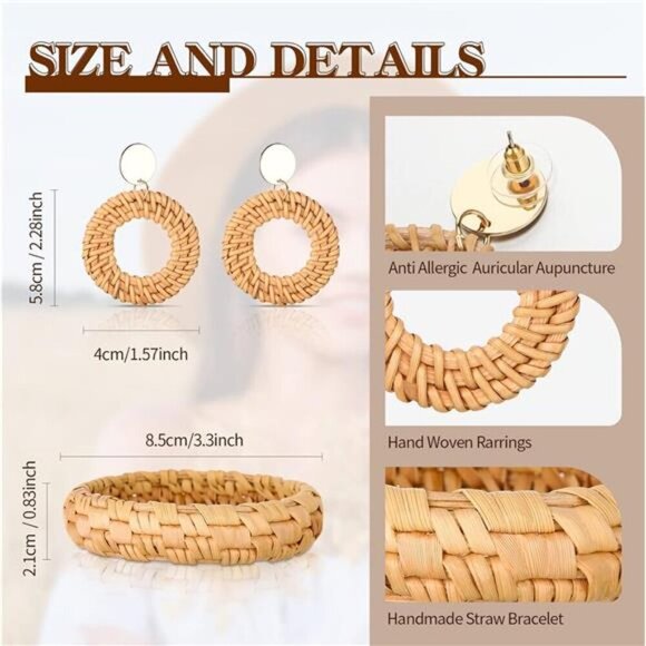 3 Pcs Rattan Necklace Earrings Bracelet Set Includes Dangle Earring Bohemian - Picture 2 of 5